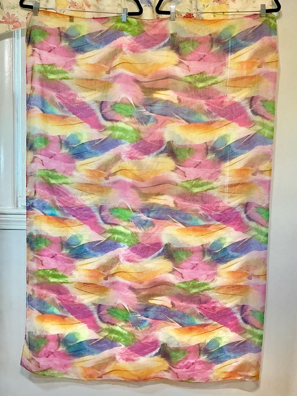 100% Silk Feather Print Pastel Multicolor Large Scarf / Wrap / Sarong 6’ x 4.5’